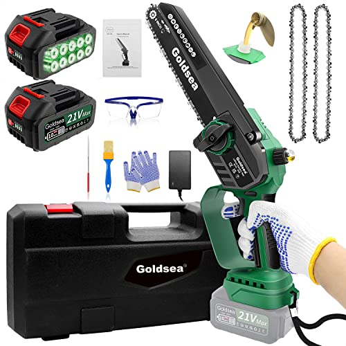 8 Zoll Mini Kettensäge mit Akku 8000mAh, Goldsea Akku Kettensäge mit Automatischer Öler und 2 x 4.0Ah Akku Bürstenloser Motor Werkzeuglose Kettenspannung für Gartenscheren Astschere Holzschneidenz