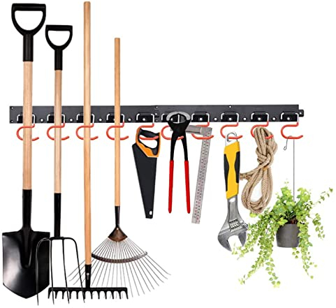 Vusddy Gerätehalter Garten - Verstellbare Wandhalterung für Gartenwerkzeuge - Platzsparender Werkzeug Organizer für Garagen - 64 Zoll Aufbewahrungssystem mit 20 Haken und 4 Schiene