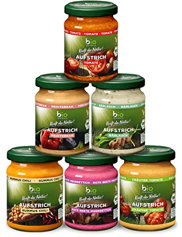 biozentrale Brotaufstriche Bestseller-Box | 6 x 125 g | vegan & laktosefrei | 6 beliebte Aufstriche im Vorteilspack | lecker auf Brot oder zum Verfeinern von Gerichten