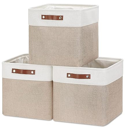 Mangata Collapsible Storage Cube Boxe, 25 cm cubo di lino, cesti di stoccaggio in tessuto con manici in pelle, 3 pezzi (Light Kaki e Bianco)