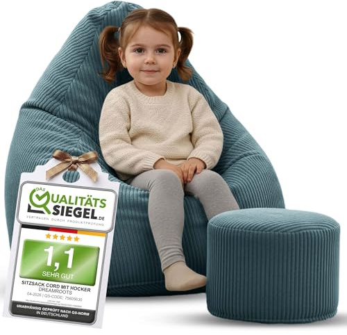 DreamRoots Sitzsack Kinder Cord 70x70x105 mit Hocker, Ocean Depths | Bean Bag Chair mit Hocker, Lehne & Bezug, mit Füllung, Sitzkissen Boden, Kindersitzsack Kinderzimmer