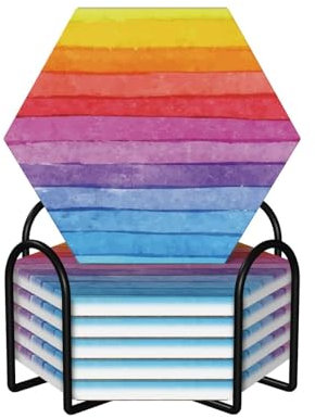 Bunte Regenbogen-Streifen bedruckte Keramik-Untersetzer-Set, sechseckige, rutschfeste Getränkeuntersetzer Sets mit saugfähigem Korkboden und Metallhalter, 6 Stück