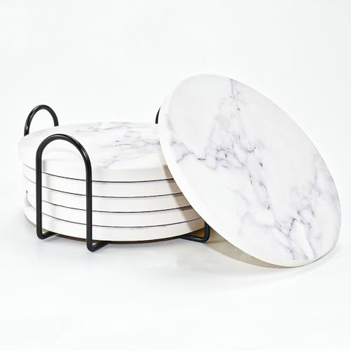 NAROSEBE 6 Stück Keramikuntersetzer mit Ständer Untersetzer Gläser Absorbierender Untersetzer Getränkeuntersetzer Marmor Glasuntersetzer Set Keramik Untersetzer Rund Marmor