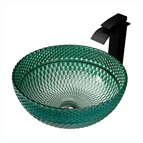 TEmkin Glas-Waschbecken, rundes Badezimmer-Waschbecken, grünes künstlerisches Waschbecken, Aufsatz-Waschtisch-Waschbecken mit Pop-Up-Ablauf, Montagering (Waschbecken mit schwarzem Wasserhahn)