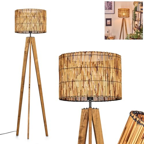 Stehleuchte Cando, Stehlampe aus Holz/Metall/Bambus in Natur/Schwarz, Leuchte im skandinavischen Design mit rundem Schirm (Ø 40 cm) u. Fußschalter, Höhe 161 cm, 1 x E27, ohne Leuchtmittel