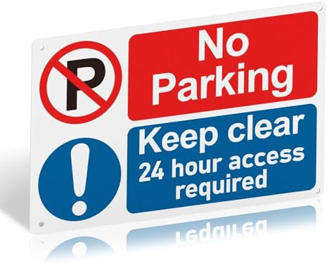 No Parking Keep Clear 24 Hour Access Required Warning Sign with 4 Pre-Drilled Holes - Durable and Weatherproof PVC Rigid Plastic Sign, 300 x 200 x 1mm, Self-Adhesive No Parking Signs