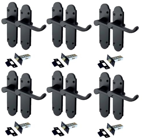 Epsom Door Handle Matt Black Internal Door Handle Sets – Lever on Backplate 170mm x 42mm – Includes Tubular Latch – 6 Pairs