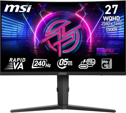 MSI MPG 275CQRXFDE 27-Zoll-WQHD-Gaming-Monitor mit gebogener Oberfläche – Rapid VA Panel mit 1500R 2560 x 1440, 240 Hz / 0,5 ms (GtG, Min.), Adaptive Sync – DP 1.4a, HDMI 2.0b CEC