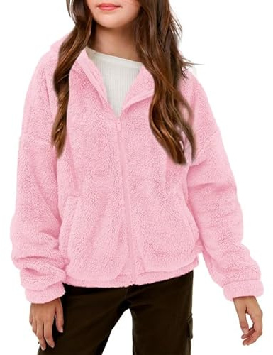 Haloumoning Vestes polaires pour filles Enfants Doux Pelucheux Sweat à capuche Manteau d'hiver Veste, Rose, 11-12 ans