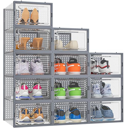 Schuhboxen Stapelbar, 12er-Set Schuhorganizer Schuhaufbewahrung Transparent | Schuhkarton mit Deckel für Schuhe bis Größe 45, Grau