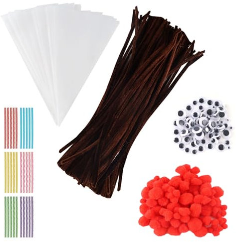EclipseGuard 500 Stück Pfeifenputzer zum Basteln, 100 Pfeifenreiniger Braun,100 PomPoms und 100 Wackelaugen für Bonbons Kekse Weihnachtsgeschenke Dekorieren für Kinder Weihnachten Rentier