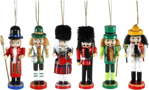 The Tie Company Set of 6 Wooden Nutcracker Soldier Ornaments 13cm/5 - Festive Xmas Hanging Decorations for Christmas Tree & Fireplace Mantle Decor