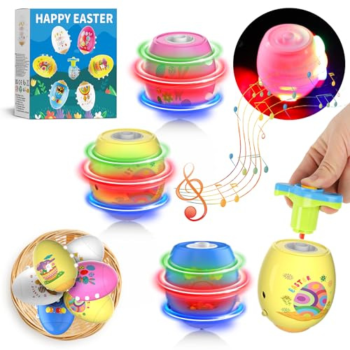 Set de 6 Juguetes Luminosas de Huevos de Pascua, Giroscopios Parpadeantes con Luces LED y Música, Kit de Relleno para Búsqueda de Huevos de Pascua, Regalos para Niños 3-12+
