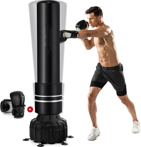 GYMAX Sac de Frappe sur Pied 182cm, Sac de Boxe avec 25 Ventouses, Gants de Boxe, Base de Remplissage, pour MMA Muay Thai Fitness