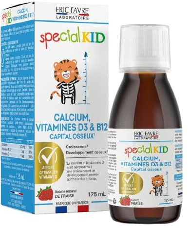 SPECIAL KID CALCIUM, VITAMINES D3 & B12 - Croissance & Développement Osseux - Solution Buvable 125 ml - Goût Fraise - Bouchon Doseur - Programme 25 Jours - Eric Favre Laboratoire