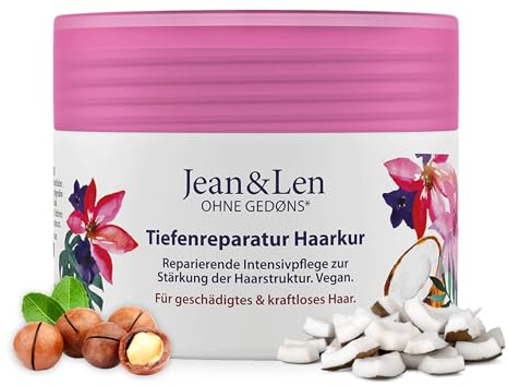 Jean & Len Soin réparateur en profondeur à l'huile de coco et à la macadamia, pour cheveux fortement abîmés, lutte contre la casse des cheveux, parfum noix de coco et macadamia, sans parabène ni