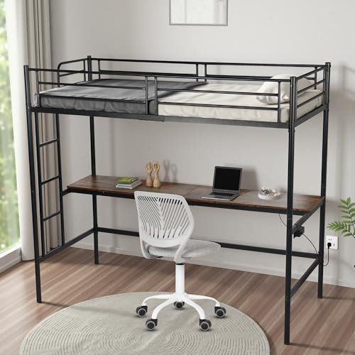 FurnitureR Lit Superposé 90x200 cm avec Table et 2 Prises de Courant+2USB, Lit en Mezzanine avec Echelle Latérale à Quatre Marches, Adapté aux Enfants et aux Adolescents, Fer + MDF, Brun Foncé