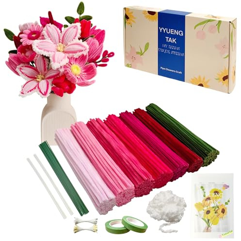 YYUENG TAK 350 delar Rött och Rosa Piprensare Blommor Set, Inkl. Instruktioner, 2 Chenille Garn, 20 Blomma Tråd, 100 Ståndare & 2 Teflon Tape för Blomsterpyssel, DIY & Dekor，Pipe cleaner flower kit