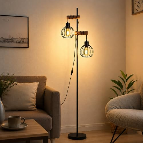 ZMH Stehlampe Wohnzimmer Holz Stehleuchte Schwarz im industrial Design | Vintage Standleuchte 2 flammig aus Metall E27 Fassung 152cm Retro Standlampe für Schlafzimmer (ohne Leuchtmittel)