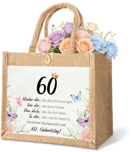 GluckGeschenk Jutetasche 60 Geburtstag Frau – Florales Motiv & liebevoller Spruch, Robuste Jutetasche als Geschenk zum 60 Geburtstag Frau Mann Ehefrau Mutter Oma, Hochwertige Stofftasche zum Jubiläum