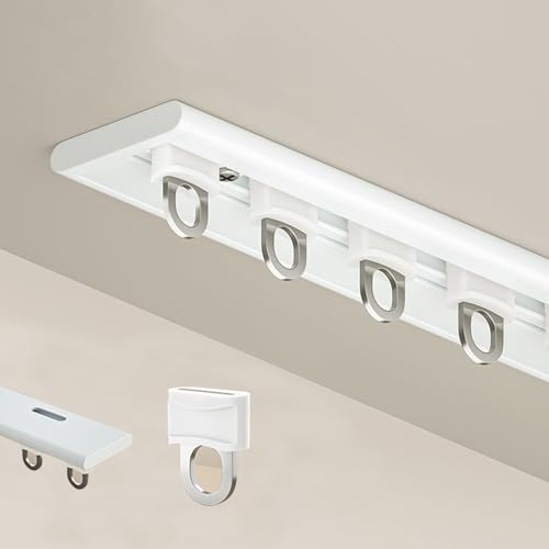 Vorhangschiene 1-läufig, Gardinenschiene Aluminium Stark Mit Mühelosem Gleiten, Decken-Vorhangschienensystem Mit Stummen Rollen, Für Schiebevorhänge Gardinen Im Schlafzimmer(White,0.9m(2.9ft))