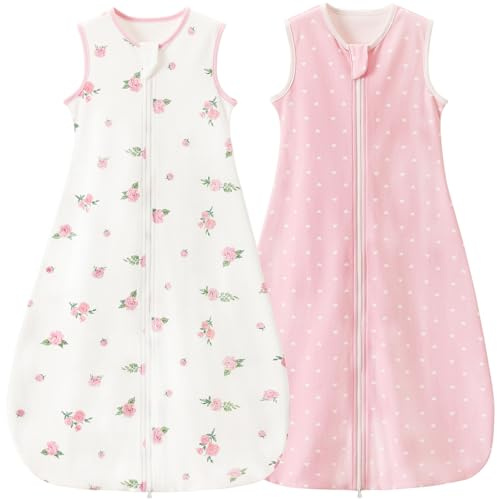 Nivolltha 2er Baby Schlafsack 1 TOG Baumwolle Blume und Rosa L | 100% Baumwolle Babyschlafsack, sanft zur Babyhaut, atmungsaktiv für angenehmen Schlaf im Frühling und Herbst, 18-36 Monate