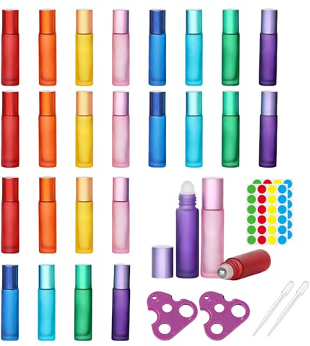 24 st. rulle på glasflaskor för eterisk olja, 10 ml färg rulle on flaska tom med rostfritt stål roller boll droppöppnare, klistermärken, påfyllningsbar deoroller för fyllning för gör-det-själv-oljor