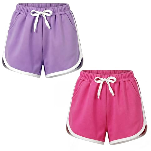 Keyck Girls Sports Shorts 2 Pack Cotton Kids Shorts with Pockets 4-13 Years | Kids Sport Shorts, Summer Running PE Gym Cycling Shorts, Elastic Waist, Colourful, School Tennis Dance Beach Short Activewear