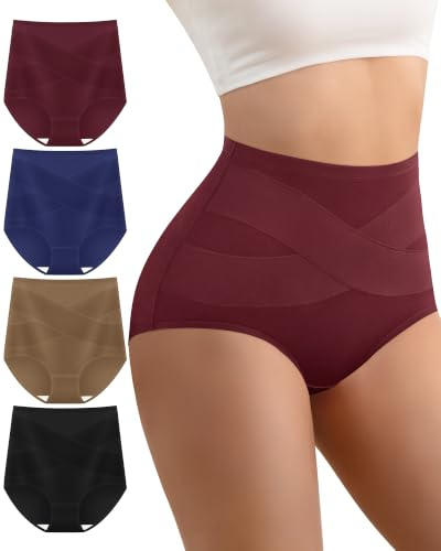 Culotte Femme Coton Taille Haute Contrôle Léger Ventre Lot de 4 | Slip Femme Coton, Taille Haute Galbe Léger, Fond Double Coton, Ne Remonte Pas, Respirant Extensible