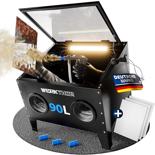Werkthor Sandstrahlkabine 90 Liter - Sandstrahlgerät für Holz & Metall mit Strahlpistole & 4 Keramikdüsen - Sandstrahler zur Aufbereitung - 25 Gallonen