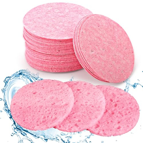 60Pcs Facial Sponges Compressed Face Sponge, Facial Cleansing Sponge Pink | 100% Natural Wood Pulp, Face Exfoliating Pads, for Daily Skin Care, Deep Cleaning, Makeup Removal