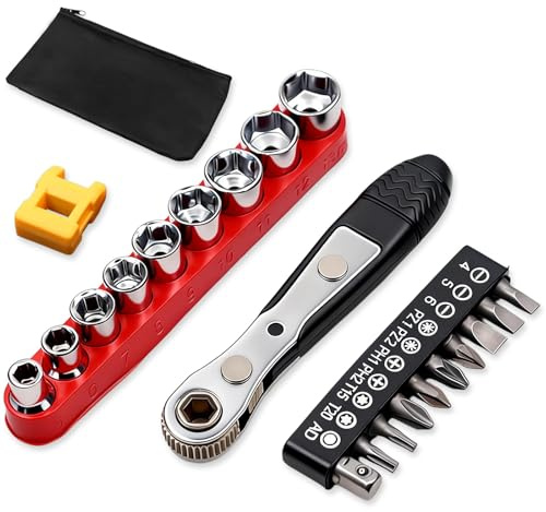 SHENGYIG Llave de Carraca 1/4 110 mm, Magnético Reversible 36 Dientes | Destornillador de Trinquete Magnético Reversible para Espacios Reducidos. Ideal para Coches, Bicicletas y Proyectos DIY