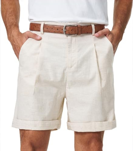 Zetieny Men's Cotton Linen Shorts Lightweight Breathable with 2 Pockets | Cotton-Linen Blend, Elastic Waist, Tailored Shorts, Regular Fit, Chinos, Summer, Casual, Beach, Zip Fly, Flat Front