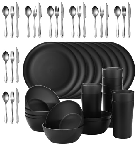 48-Piece Dinnerware Set for 8, Unbreakable Plastic Plates and Bowls with Stainless Steel Cutlery, Stackable Tableware Service, Dishwasher Safe for Home, Camping, RV and Outdoor Use (Black)