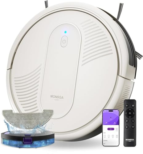 MONSGA Robot Aspirador,Robot Aspirador y Fregasuelos 4000Pa Presión de Succión, Autonomía 140 Minutos, Sensores Anticaídas y Cepillo Multifunción, TotalSurface, App Control (Beige)
