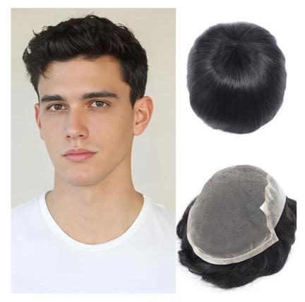 QRSTUVXZY Peluca para Hombres Sistema de reemplazo de Cabello Humano con peluquín Fino de PU for Hombres, prótesis capilares con Encaje Suave en la Parte Superior.(7x9)
