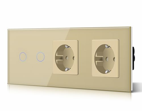 BSEED Touch Lichtschalter mit Stekdose aus Glas, Modern Schlater und Wandsteckdosen, KEIN WLAN, 2 Fach 2 Wege + Doppelt Steckdosen, 228mm Gold