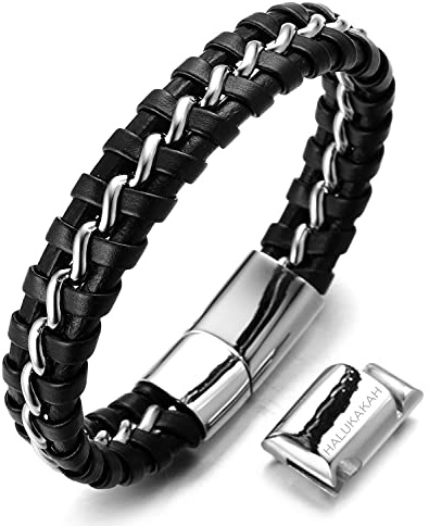 Halukakah Kinder ● Solo Junior ● Jungen Armband Handgefertigt | Echtleder Klassisch Schwarz | Magnetverschluss Edelstahl | mit Titan Perlen in Gold/Silber | KOSTENLOS Geschenkbox | 6-12 +3 Y/O. 18-19.5cm