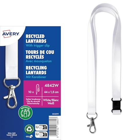 AVERY Zweckform 4842W Lanyard 10 Stück (44x1,5cm, Kartenhalter mit Karabinerhaken-Sicherheitsverschluss, Schlüsselband für Ausweishülle, Kartenhülle, Namenschilder, Umhängeband, Nackenband) weiß