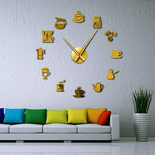 Beisite Tazza da caffè Arte da parete Caffetteria Orologi da parete giganti DIY Cafe House Adesivi DIY Decorativi Grandi lancette Orologio senza cornice Grande orologio (Oro, 47)