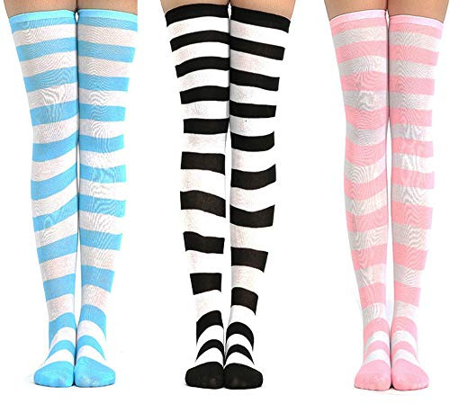 3 paia calzini al ginocchio set carino a strisce per Donna ragazza donne ragazze adolescenti, kawaii colorato bianco overknee calze lunghe arricciate alte coscia per carnevale cosplay (blu rosa nero)