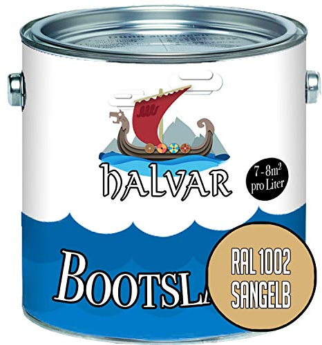 Halvar Bootslack Gelb RAL 1000-1037 Yachtlack SEIDENMATT Bootsfarbe PU-verstärkt für Holz & Metall verstärkt extrem belastbar hochelastisch Schiffslackierung (2,5 L, RAL 1002 Sandgelb)