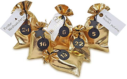 Frau WUNDERVoll® DIY Adventskalender zum Befüllen Schneeflöckchen Beutel Gold-Metallic Ziffern Schwarz/Weihnachtskalender,Zahlen,Beutel,Sack,Säcke,Säckchen,Stoffbeutel,Geschenkbeutel,Bastelset