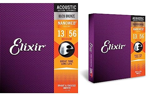 Elixir 11102 Saiten 80/20 Bronze Akustik-Gitarrensaiten mit NANOWEB Beschichtung, Medium (.013-.056) & Saiten Phosphor Bronze Akustik-Gitarrensaiten mit NANOWEB® Beschichtung, Medium (.013-.056)