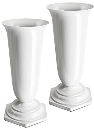 Tymar Grabvase, 2er-Pack, Friedhofsvase mit Sockel, Grabschmuck, Vase für Grab, Kunststoff (Weiß, ø 15,5 cm) | Grabschmuck, Vase für Grab, Kunststoff