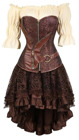 Jutrisujo Lace Corset Dress med Faux Leather och Gothic Stil Strapless Vintage Corset Steampunk Corsagentop Gothic Rockabilly 3 och M, Khaki 3