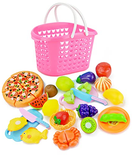 NIWWIN Kids Kitchen Toys with Slicing Pizza & Storage Basket - 26pcs Pretend Food Set, Ages 3+ Includes Cutting Tools