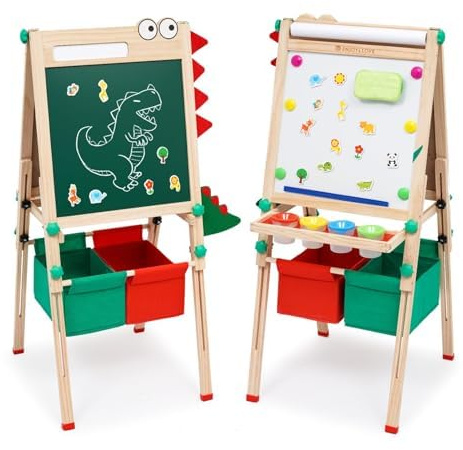 Kids Easel with Paper Roll Double-Sided Whiteboard & Blackboard Standing Easel with Art Accessories for Kids and Toddlers