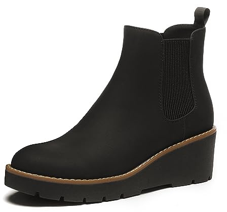 Athlefit Women's Chelsea Wedge Boots Elastic Platform Lug Sole Slip on Wedge Ankle Black Booties Size 7