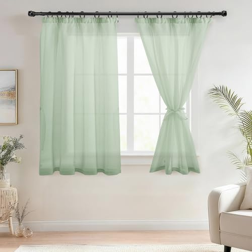 DWCN Vorhänge mit Kräuselband Transparent Kurze Gardinen Grün H160 x B140cm | 2er Set, Modern Gardine mit Raffhalter für Schienensystem, Leinenoptik, Lichtfilterung, für Schlafzimmer, Kinderzimmer, Küche